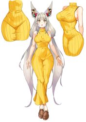 Rule 34 | 1girl, absurdres, animal ear fluff, animal ears, armpit crease, bare shoulders, blush, breasts, brown footwear, cat ears, commentary, covered navel, curvy, dress, eyelashes, fang, grey hair, highres, holding, i am anddo, large breasts, long dress, long hair, multiple views, narrow waist, nia (xenoblade), open mouth, pencil dress, simple background, skin fang, solo, standing, turtleneck, turtleneck dress, very long hair, white background, wide hips, xenoblade chronicles (series), xenoblade chronicles 2, xenoblade chronicles 3, yellow dress, yellow eyes