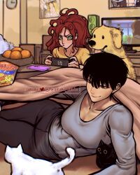Rule 34 | 2girls, animal focus, ayaki blade, black cat, black hair, body freckles, breasts, cameo, casual, cat, cleavage, commentary, covered abs, dog, english commentary, food, freckles, fruit, green eyes, highres, kotatsu, living room, long hair, mandarin orange, messy hair, multiple girls, nintendo switch, original, pixie cut, red hair, sally (ayaki blade), short hair, smile, solo focus, table, television, tomoka (ayaki blade), under kotatsu, under table, white cat
