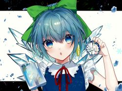 Rule 34 | 1girl, :o, adapted costume, bad id, bad twitter id, bare arms, blue dress, blue eyes, blue hair, blue nails, blush, bow, cirno, commentary, daimaou ruaeru, dress, earrings, food, frilled sleeves, frills, fruit, green bow, hair between eyes, hair bow, hand up, head tilt, highres, holding, holding food, holding fruit, ice, ice wings, jewelry, lemon, lemon slice, letterboxed, looking at viewer, nail polish, neck ribbon, outside border, parted lips, pinafore dress, popsicle, red ribbon, ribbon, short hair, short sleeves, simple background, sleeveless dress, snowflakes, solo, touhou, white background, wing collar, wings