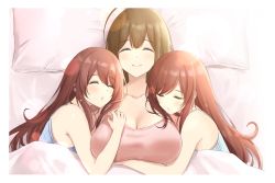 ahoge, alstroemeria (idolmaster), asarime, bangs, bare shoulders, bed, bed sheet, blush, breasts, brown hair, cleavage, closed mouth, collarbone, eyebrows visible through hair, eyes closed, from above, girl sandwich, hug, idolmaster, idolmaster shiny colors, kuwayama chiyuki, large breasts, long hair, lying, on back, on bed, on side, osaki amana, osaki tenka, open mouth, pillow, red hair, sandwiched, siblings, sisters, sleeping, smile, swept bangs, tank top, twins