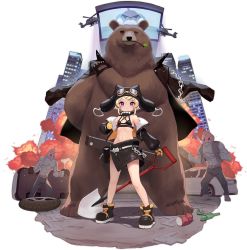 Rule 34 | 1girl, aircraft, animal, azur lane, bear, black footwear, black headwear, black jacket, blonde hair, breasts, chain, explosion, gloves, grozny (azur lane), grozny (shadowy syndicate showdown) (azur lane), halterneck, hat, helicopter, highres, holding, holding shovel, jacket, kinjo kuromomo, looking at viewer, midriff, navel, off shoulder, official alternate costume, official art, open clothes, open jacket, purple eyes, short hair, shovel, small breasts, transparent background, yellow gloves