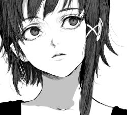 Rule 34 | 1girl, asymmetrical hair, close-up, expressionless, hair ornament, hairclip, inoitoh, iwakura lain, looking to the side, messy hair, monochrome, portrait, serial experiments lain, shadow, shirt, short hair, single sidelock, sketch, solo, white background, wide-eyed