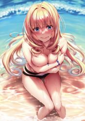 Rule 34 | 1girl, absurdres, beach, bikini, blonde hair, blue eyes, blue sky, blush, breasts, cleavage, clenched teeth, cloud, collarbone, covering privates, covering breasts, curly hair, day, embarrassed, hair intakes, hanikami kanojo, highres, jewelry, large breasts, long hair, looking at viewer, necklace, ocean, outdoors, parted lips, piromizu, sand, scan, shoudou erena, sidelocks, sky, solo, swimsuit, teeth, topless, very long hair, wading, water drop, wet