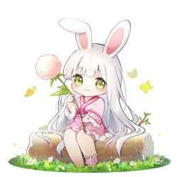 Rule 34 | 1girl, animal, animal ears, barefoot, blush, bug, butterfly, chibi, closed mouth, commentary request, commission, danby merong, frilled skirt, frilled sleeves, frills, full body, green eyes, grey hair, highres, insect, log, long hair, long sleeves, looking at viewer, original, pink skirt, rabbit ears, signature, sitting, skirt, smile, solo, very long hair, white background, wide sleeves