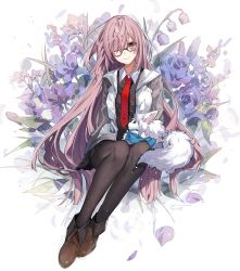 Rule 34 | 1girl, alternate hair length, alternate hairstyle, artist name, black-framed eyewear, black dress, black pantyhose, boots, brown footwear, closed mouth, dress, fate/grand order, fate (series), floral background, fou (fate), full body, glasses, hair over one eye, hanagata, hood, hoodie, legs together, long hair, looking at viewer, mash kyrielight, necktie, on lap, open clothes, open hoodie, pantyhose, petals, purple eyes, purple hair, red necktie, smile, solo, very long hair