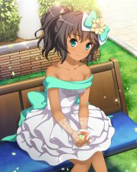 Rule 34 | 1girl, absurdres, aqua bow, bad id, bad pixiv id, bare shoulders, bench, blue eyes, bow, breasts, brown hair, cup, dark-skinned female, dark skin, day, dress, flower, gloves, grass, green eyes, hair bow, hair flower, hair ornament, highres, idol wars z, lace, lace gloves, outdoors, ponytail, show100000, sitting, small breasts, solo, third-party source, white dress