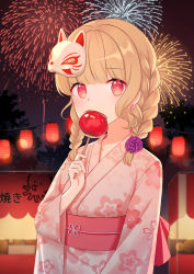 Rule 34 | 1girl, absurdres, arm at side, braid, candy apple, commentary request, earrings, fireworks, floral print, flower, flower earrings, flower knot, food, hair flower, hair ornament, hand up, highres, holding, japanese clothes, jewelry, kimono, long hair, looking at viewer, medium hair, night, octopus print, original, outdoors, pink eyes, purple flower, shyaka, solo, standing, summer festival, twin braids, upper body, yukata