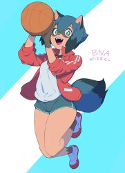 Rule 34 | 1girl, :d, animal ears, animal nose, aqua shorts, ball, basketball (object), blue hair, blue tail, body fur, brand new animal, brown fur, dolphin shorts, fangs, full body, furry, furry female, green eyes, highres, jacket, kagemori michiru, looking at viewer, not anpn, open clothes, open jacket, open mouth, raccoon ears, raccoon girl, raccoon tail, red jacket, shirt, shoes, short hair, shorts, simple background, smile, sneakers, solo, tail, thighs, track jacket, white shirt