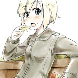 Rule 34 | 1girl, blonde hair, blue eyes, blush, eating, erica hartmann, female focus, food, food on face, itsuki kuro, military, military uniform, open mouth, potato, short hair, solo, strike witches, uniform, white background, world witches series