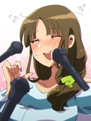 1girl ^_^ blue_shirt brown_hair cheek_press closed_eyes hair_behind_ear highres indie_virtual_youtuber kitaguni_shimuha mature_female medium_hair microphone mole mole_under_mouth nervous open_mouth portrait shirt smile solo striped_clothes striped_shirt sweatdrop tsukushibara_sumine virtual_youtuber