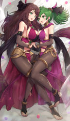 Rule 34 | 2girls, absurdres, alternate costume, bad id, bad twitter id, bare shoulders, blush, breast press, breasts, bridal legwear, brown hair, cleavage, commentary request, dancer, dorothea arnault, earrings, fire emblem, fire emblem: genealogy of the holy war, fire emblem: three houses, fire emblem heroes, full body, gonzarez, green eyes, green hair, hair ornament, hand on another&#039;s hip, highres, holding hands, interlocked fingers, jewelry, large breasts, lene (fire emblem), loincloth, long hair, looking at viewer, lying, multiple girls, nail polish, navel, nintendo, official alternate costume, on side, open mouth, pelvic curtain, petals, ponytail, revealing clothes, shiny clothes, shiny skin, simple background, skin tight, smile, stomach, toeless footwear, toeless legwear, toenail polish, toenails, toes, white background
