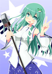 Rule 34 | 1girl, blue skirt, blush, breasts, collared shirt, commentary request, cookie (touhou), cowboy shot, detached sleeves, frog hair ornament, green eyes, green hair, hair ornament, hair tubes, highres, holding, holding microphone stand, kochiya sanae, long hair, looking at viewer, medium breasts, microphone stand, nontraditional miko, open mouth, paseri (cookie), shirt, skirt, sleeveless, sleeveless shirt, smile, snake hair ornament, solo, star (symbol), szk, touhou, v, white shirt