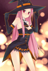 Rule 34 | 1girl, belt, breasts, chirol85, cleavage, female focus, gloves, gradient background, hat, hat adjust, long hair, lucia, miniskirt, pangya, pink eyes, pink hair, red eyes, skirt, solo, standing, upper body, very long hair, witch, witch hat