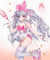 Rule 34 | 1girl, :p, animal ears, apron, artist name, bow, breasts, carrot, detached collar, dropping, eyebrows, fake animal ears, food, frilled thighhighs, frills, fruit, garter straps, gradient background, grey hair, hair bow, hairband, heart, holding, inline skates, leg up, leotard, long hair, looking at viewer, medium breasts, microphone, miyako (xxxbibit), mole, mole under eye, original, parfait, pink bow, plaid, plaid bow, purple eyes, rabbit, rabbit ears, roller skates, shiny skin, skates, solo, sparkle, strapless, strapless leotard, strawberry, striped, thighhighs, tongue, tongue out, tray, twintails, twitter username, very long hair, waitress, white apron, white background, wrist cuffs