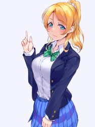 Rule 34 | 1girl, ayase eli, blazer, blonde hair, blue eyes, blue jacket, blue skirt, blush, bow, bowtie, breasts, closed mouth, collared shirt, commentary request, cowboy shot, green bow, green bowtie, hand up, highres, jacket, large breasts, looking at viewer, love live!, namazu (yamasonson), open clothes, open jacket, plaid, plaid skirt, pleated skirt, ponytail, scrunchie, shirt, shirt tucked in, simple background, skirt, smile, solo, striped bow, striped bowtie, striped clothes, white background, white scrunchie, white shirt