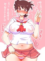 Rule 34 | 1girl, ajiyoshi noriko, artist request, belly, blush, bracelet, breasts, brown eyes, brown hair, cameltoe, clothes lift, covered erect nipples, curvy, heart, heart-shaped pupils, jewelry, large breasts, looking at viewer, mature female, mister ajikko, navel, nipples, panties, plump, scarf, school uniform, see-through, serafuku, short hair, skirt, skirt lift, smile, solo, striped clothes, striped panties, sweat, symbol-shaped pupils, thick thighs, thighs, translation request, underwear, v, wide hips