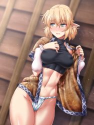 Rule 34 | 1girl, arm warmers, blonde hair, blush, breasts, covered erect nipples, fundoshi, green eyes, hair between eyes, hands on own chest, japanese clothes, large breasts, looking to the side, mizuhashi parsee, ootsuki wataru, pointy ears, short hair, solo, thighs, touhou