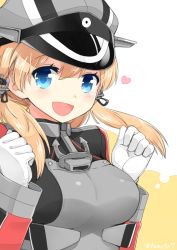 Rule 34 | 10s, 1girl, :d, blonde hair, blue eyes, breasts, gloves, hat, heart, kamoto tatsuya, kantai collection, large breasts, looking at viewer, open mouth, peaked cap, prinz eugen (kancolle), simple background, smile, solo, twintails, twitter username, white gloves