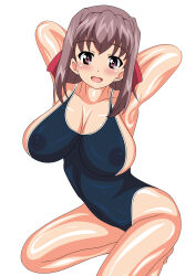 Rule 34 | 1girl, absurdres, armpits, arms behind head, blush, breasts, brown eyes, brown hair, girls und panzer, hair ribbon, headband, highres, kondou taeko, large breasts, looking at viewer, medium hair, mevius9, one-piece swimsuit, open mouth, ribbon, seiza, sitting, solo, swimsuit