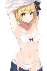 Rule 34 | 1girl, absurdres, armpits, arms up, black ribbon, blonde hair, blue skirt, bob cut, bow, bow bra, bow panties, bra, breasts, clothes lift, clothes pull, cowboy shot, green eyes, hair ribbon, highres, lifted by self, looking at viewer, navel, open clothes, open skirt, original, panties, parted lips, pleated skirt, ribbon, salve (lindasakura), school uniform, shirt, shirt lift, short hair, simple background, skirt, skirt pull, small breasts, solo, standing, underwear, undressing, white background, white bra, white panties, white shirt