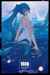 Rule 34 | 1girl, absurdres, alternate costume, aqua hair, bare arms, bare shoulders, black border, blue eyes, border, breasts, character name, chinese commentary, commentary request, dress, happy birthday, hatsune miku, highres, long hair, looking at viewer, medium breasts, paradox (parapa), parted lips, solo, strap slip, twintails, very long hair, vocaloid, wading, water, white dress