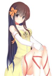 Rule 34 | 1girl, bad id, bad pixiv id, bare shoulders, black hair, bow, breasts, brown eyes, cleavage, collarbone, dress, elbow gloves, eyebrows, gloves, hair bow, hair ornament, long hair, looking at viewer, orange bow, orange ribbon, original, red ribbon, ribbon, shirotaso0818, simple background, sitting, smile, solo, strapless, strapless dress, white background, white gloves, yellow dress