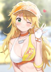 Rule 34 | 1girl, ;), absurdres, blonde hair, blush, breasts, choker, cleavage, fingerless gloves, gloves, green eyes, heart, highres, hitodama (madatohi), hoshii miki, idolmaster, idolmaster (classic), jewelry, large breasts, long hair, looking at viewer, necklace, one eye closed, orange choker, smile, solo, upper body, visor cap, white gloves