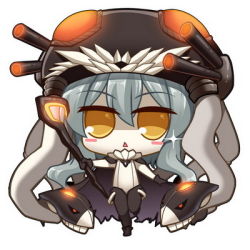Rule 34 | 10s, 1girl, abyssal ship, blush stickers, bodysuit, chibi, gloves, headwear request, hitsuki rei, kantai collection, lowres, monster, open mouth, pale skin, personification, silver hair, solo, sparkle, staff, triangle mouth, turret, wo-class aircraft carrier, yellow eyes