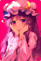 Rule 34 | 1girl, absurdres, blush, closed mouth, crescent, crescent hat ornament, dress, hands on own cheeks, hands on own face, hat, hat ornament, highres, long hair, long sleeves, looking at viewer, mob cap, patchouli knowledge, pink background, purple dress, purple eyes, purple hair, purple hat, shangurira, solo, star (symbol), touhou, upper body, wide sleeves