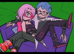 Rule 34 | 2boys, baby face (stand), blue hair, computer, couch, domino mask, ghiaccio, green eyes, jojo no kimyou na bouken, laptop, long hair, male focus, mask, melone, multiple boys, purple hair, red-framed eyewear, sameyama jiro, shoes, sitting, sneakers, stand (jojo), vento aureo