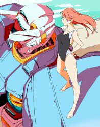 Rule 34 | 1girl, aida rayhunton, bare shoulders, black one-piece swimsuit, breasts, competition swimsuit, from above, from side, g-self, gundam, gundam g no reconguista, hands on own hips, long hair, mecha, one-piece swimsuit, red hair, robot, solo, standing, swimsuit, thighs, umanosuke