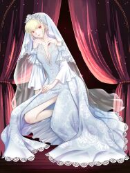 Rule 34 | 1girl, alpaca connect, bite mark, bite mark on neck, blonde hair, blood, blood on clothes, blue dress, breasts, bridal veil, choppy bangs, cleavage, closed mouth, curtains, detached sleeves, dress, expressionless, floral print, flower, front slit, full body, hair flower, hair ornament, highres, kneeling, lace, lace-trimmed dress, lace trim, long sleeves, looking at viewer, medium breasts, mochizuki sora, official art, parted lips, plunging neckline, red eyes, short hair, solo, strapless, strapless dress, veil, white veil