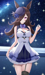 Rule 34 | 1girl, ai-assisted, animal ears, black hair, blue bow, blue bowtie, blue dress, blue flower, blue hat, blue rose, bow, bowtie, breasts, brooch, cleavage, cleavage cutout, closed mouth, clothing cutout, commentary, cowboy shot, dress, flower, frilled dress, frills, garter straps, hair over one eye, hat, hat flower, highres, horse ears, horse girl, jewelry, light smile, long hair, looking at viewer, medium breasts, night, night sky, purple eyes, rice shower (umamusume), rose, short dress, single thighhigh, skirt hold, sky, sleeveless, sleeveless dress, solo, standing, star (sky), starry sky, thighhighs, tilted headwear, tina (tinafya), umamusume, white dress