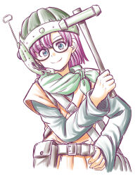 Rule 34 | 1girl, belt, blue eyes, chrono trigger, closed mouth, glasses, helmet, highres, holding, holding mallet, kashii yutaka, looking at viewer, lucca ashtear, mallet, purple hair, scarf, short hair, simple background, smile, solo, weapon, white background