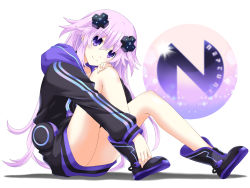 Rule 34 | 1girl, adult neptune, ass, bare legs, black footwear, black jacket, blush, boots, commentary request, d-pad, d-pad hair ornament, from side, full body, hair between eyes, hair ornament, hand on own knee, head on knee, hood, hooded jacket, jacket, kagura ittou, knees up, legs, long hair, long sleeves, looking at viewer, neptune (series), no pants, purple eyes, purple hair, simple background, sitting, smile, solo, spread legs, thighs, upskirt, very long hair, white background