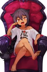 Rule 34 | &gt;:d, 1girl, arm support, armchair, barefoot, black hair, bottomless, chair, dark-skinned female, dark skin, feet, full body, gem, hair flaps, highres, jahy, jahy-sama wa kujikenai!, jewelry, konbu wakame, crossed legs, long hair, naked shirt, necklace, off shoulder, oversized clothes, red eyes, shirt, short sleeves, simple background, sitting, soles, solo, toes, v-shaped eyebrows, very long hair, white background, white shirt
