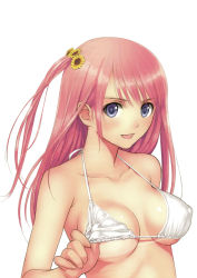 Rule 34 | 1girl, :d, absurdres, adjusting clothes, adjusting swimsuit, bare shoulders, bikini, blue eyes, breasts, cleavage, collarbone, covered erect nipples, flower, hair flower, hair ornament, highres, long hair, looking at viewer, open mouth, original, pink hair, side ponytail, sideboob, simple background, smile, solo, strap gap, string bikini, swimsuit, tan, tanline, tony taka, underboob, upper body, white background, white bikini