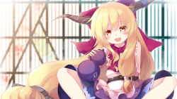 Rule 34 | 1girl, absurdly long hair, belt, blonde hair, blue ribbon, blue skirt, bow, commentary request, day, fang, gengetsu chihiro, gourd, hair bow, head tilt, highres, holding, horn ornament, horn ribbon, horns, ibuki suika, long hair, looking at viewer, low-tied long hair, miniskirt, open mouth, red bow, red eyes, ribbon, ribbon-trimmed skirt, ribbon trim, shirt, sitting, skirt, sleeveless, sleeveless shirt, smile, solo, touhou, very long hair