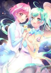 Rule 34 | 2girls, ahoge, antennae, aqua eyes, aqua hair, astronaut, beret, blush, bodysuit, commentary request, crying, dated, dress, floating, floating hair, floating hat, gloves, hagoromo lala, hair between eyes, holding hands, happy tears, hat, heart, heart print, highres, hoshina hikaru, interlocked fingers, jacket, lens flare, long hair, long sleeves, looking at another, multiple girls, open mouth, pantyhose, pink eyes, pink hair, pointy ears, precure, short hair, signature, single glove, sketch, skin tight, smile, space, spacesuit, spoilers, star (sky), star twinkle precure, sun, tears, touki matsuri, twintails, yellow jacket, zero gravity