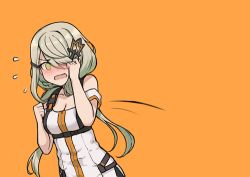 Rule 34 | 1girl, adjusting hair, bare shoulders, blush, braid, breasts, buckle, cleavage, collarbone, commentary, dress, girls&#039; frontline, green eyes, hair ornament, hairclip, harness, leaning forward, long hair, looking at viewer, low twintails, lowres, medium breasts, open mouth, orange background, short dress, sidelocks, simple background, solo, strap, strapless, strapless dress, tac-50 (girls&#039; frontline), terras, twintails, upper body, zipper
