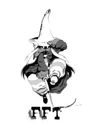 Rule 34 | 1girl, black mage, black mage (fft), black mage (final fantasy), final fantasy, final fantasy tactics, gloves, greyscale, hat, long hair, monochrome, pants, robe, solo, striped clothes, striped pants, tsukudani (coke-buta), weapon, witch hat