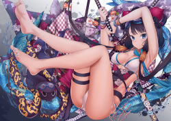 Rule 34 | 1girl, absurdres, animal, arms up, bare legs, barefoot, bikini, black hair, blue eyes, blue nails, breasts, closed mouth, commentary request, fate/grand order, fate (series), feet, fingernails, floral print, gradient background, grey background, hair ornament, highres, holding, holding sword, holding weapon, katana, katsushika hokusai (fate), katsushika hokusai (swimsuit saber) (fate), legs up, long hair, low twintails, medium breasts, nail polish, octopus, revision, sheath, sheathed, swimsuit, sword, tentacles, thigh strap, toes, tokitarou (fate), twintails, very long hair, weapon, white background, white bikini, xo (xo17800108)