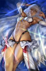 Rule 34 | 1girl, abs, altera (fate), armpits, blunt bangs, breasts, crossed legs, dark-skinned female, dark skin, eu03, fate/grand order, fate (series), full-body tattoo, highres, hip focus, long hair, looking at viewer, lying, medium breasts, nail polish, navel, on back, parted lips, red eyes, solo, tan, tattoo, thighs, white background