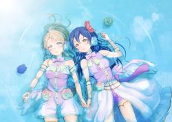 Rule 34 | 10s, 2girls, angel wings, ayase eli, blonde hair, blue eyes, blue hair, butterfly hair ornament, hair ornament, headphones, highres, lilylion26, long hair, love live!, love live! school idol project, lying, multiple girls, on back, partially submerged, ponytail, ripples, smile, sonoda umi, water, wings, yellow eyes
