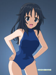 Rule 34 | 1girl, black hair, blue eyes, blue one-piece swimsuit, breasts, freckles, girls und panzer, hands on own hips, highres, large breasts, long hair, looking at viewer, naotosi, one-piece swimsuit, open mouth, simple background, smile, solo, swimsuit, yamagou ayumi