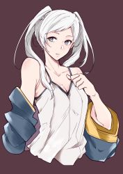 Rule 34 | 1girl, bad id, bad pixiv id, bare shoulders, breasts, camisole, cleavage, cloak, collarbone, fire emblem, fire emblem awakening, grey eyes, highres, long hair, looking at viewer, medium breasts, nintendo, off shoulder, potato gorilla, purple background, robin (female) (fire emblem), robin (fire emblem), simple background, solo, spaghetti strap, twintails, upper body, white hair