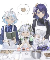 Rule 34 | 3girls, apron, aroha252538, baking, blue eyes, blue hair, blue shirt, cake, closed eyes, closed mouth, cookie, cream puff, food, furina (genshin impact), genshin impact, highres, long hair, multicolored hair, multiple girls, nahida (genshin impact), open mouth, own hands together, pastry bag, pointy ears, purple eyes, purple hair, purple sweater, raiden shogun, shirt, simple background, smile, streaked hair, sweater, white apron, white background, white hair