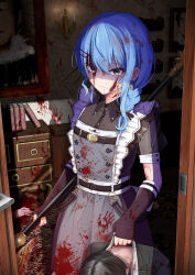 Rule 34 | 1girl, 2others, apron, bardiche (weapon), black dress, black gloves, black hair, blood, blood in hair, blood on clothes, blood on face, blood on ground, blood on wall, blue eyes, blue hair, braid, collared dress, commentary request, corpse, death, doorway, dress, feet out of frame, fingerless gloves, gloves, grey apron, hair between eyes, hair ornament, hair over shoulder, hairclip, highres, hiiragi melt, holding, holding polearm, holding weapon, hololive, hoshimachi suisei, hoshimachi suisei (maid), indoors, long hair, looking at viewer, maid, multiple others, official alternate costume, official alternate hairstyle, open door, painting (object), polearm, pov doorway, short sleeves, side braid, single braid, solo focus, standing, virtual youtuber, weapon, yandere