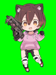 Rule 34 | 1girl, animal ears, assault rifle, blade (galaxist), brown eyes, brown hair, cat ears, chibi, full body, green background, gun, hands up, highres, holding, holding gun, holding weapon, hololive, hood, hood down, hoodie, looking at viewer, paw shoes, pink hoodie, revealing clothes, rifle, roboco-san, roboco-san (hoodie), smile, solo, virtual youtuber, weapon