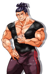 Rule 34 | 1boy, abs, absurdres, bara, beckoning, black eyes, black hair, black shirt, breath, bulge, clothes pull, collarbone, come hither, feet out of frame, highres, jujutsu kaisen, kizami nori to yamaimo, large pectorals, male focus, mature male, muscular, muscular male, nipples, pants, pectoral cleavage, pectorals, seductive smile, shirt, shirt pull, short hair, sideburns, sleeveless, sleeveless shirt, smile, smirk, solo, stomach, sweat, thick thighs, thighs, tight clothes, tight shirt, toudou aoi (jujutsu kaisen), track pants, veins